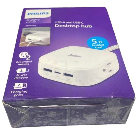 Philips Desktop Charging Station 2 Outlets 2 USB-A 1 USB-C 5ft Cord Box Wear - Picture 3 of 8